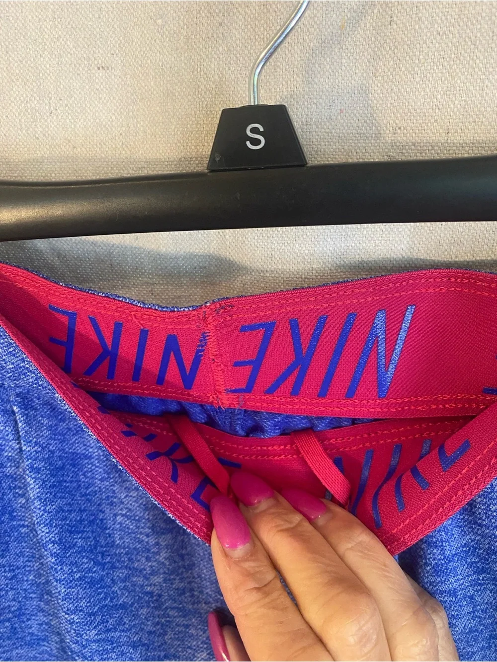 Nike Women's Heather Royal Blue Athletic Shorts with Pink Swoosh